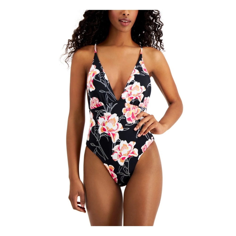 NWT ROXY Women's Black Floral Stretch Deep V Neck One Piece Swimsuit - Picture 1 of 7